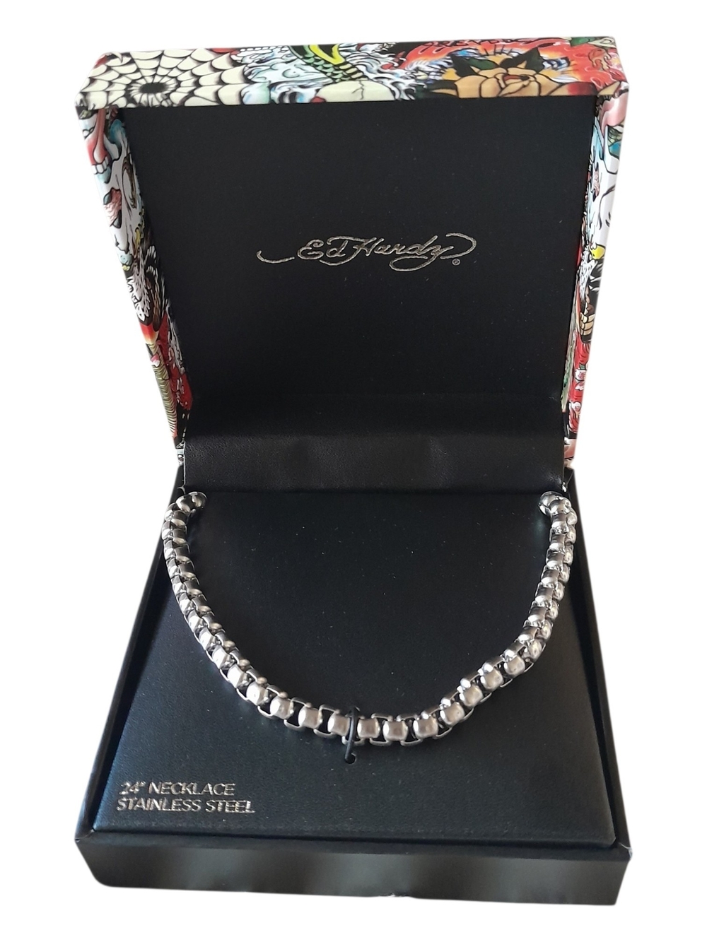 Ed Hardy Stainless Steel Box Chain Necklace -  24"  Silver Y2K Biker